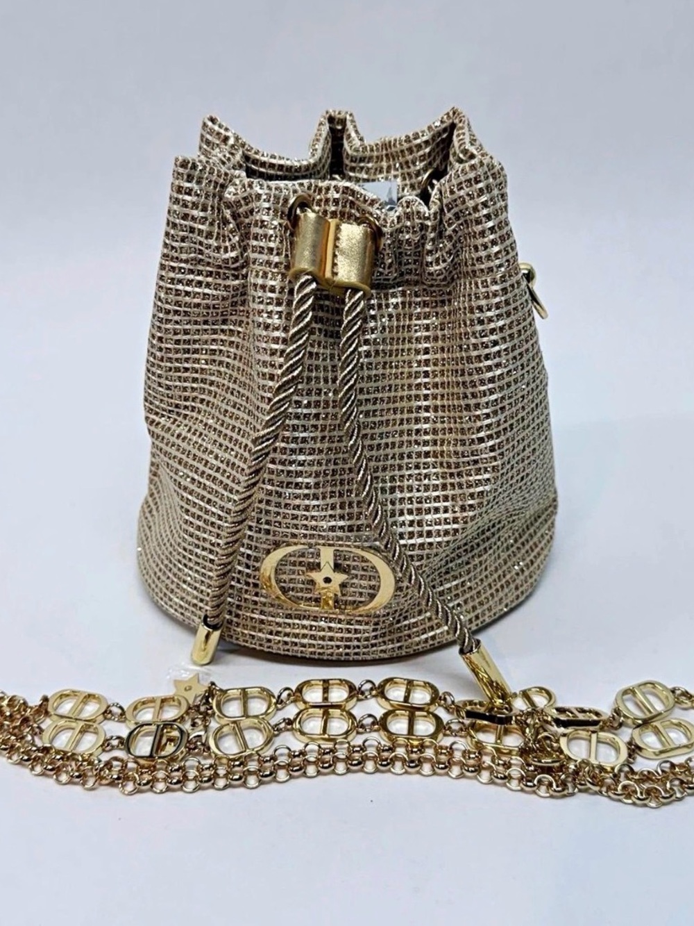 Gold Metallic Drawstring Bucket Bag